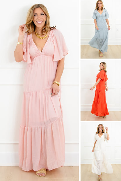 Solid Short Sleeve V Neck Tiered Maxi Dress