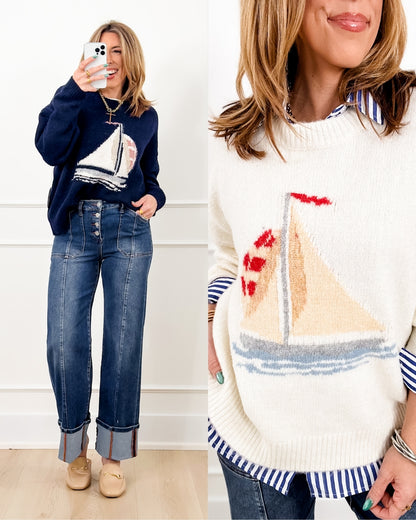 Knit Long Sleeve Sailboat Pullover Sweater