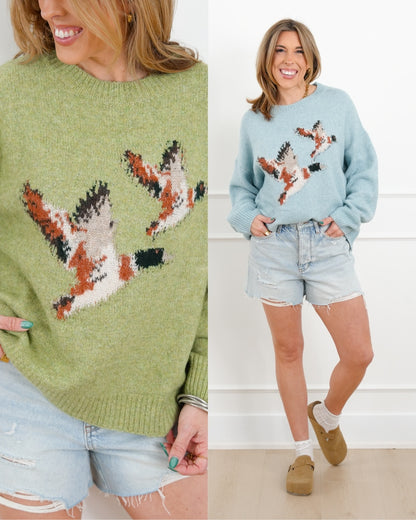 Knit Long Sleeve Flying Duck Pullover Sweater
