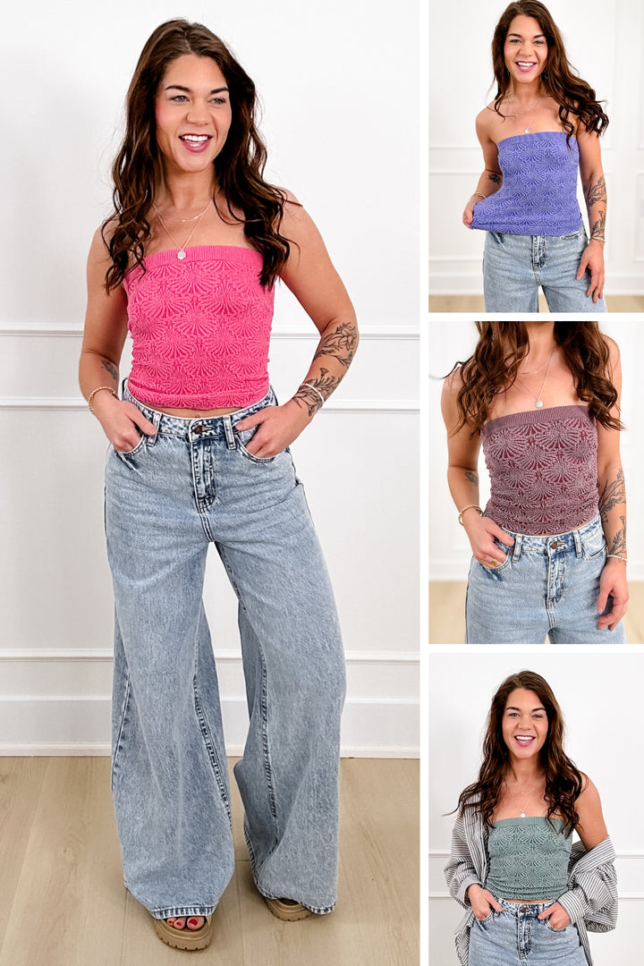 Textured Floral Tube Top with Scallop Hem