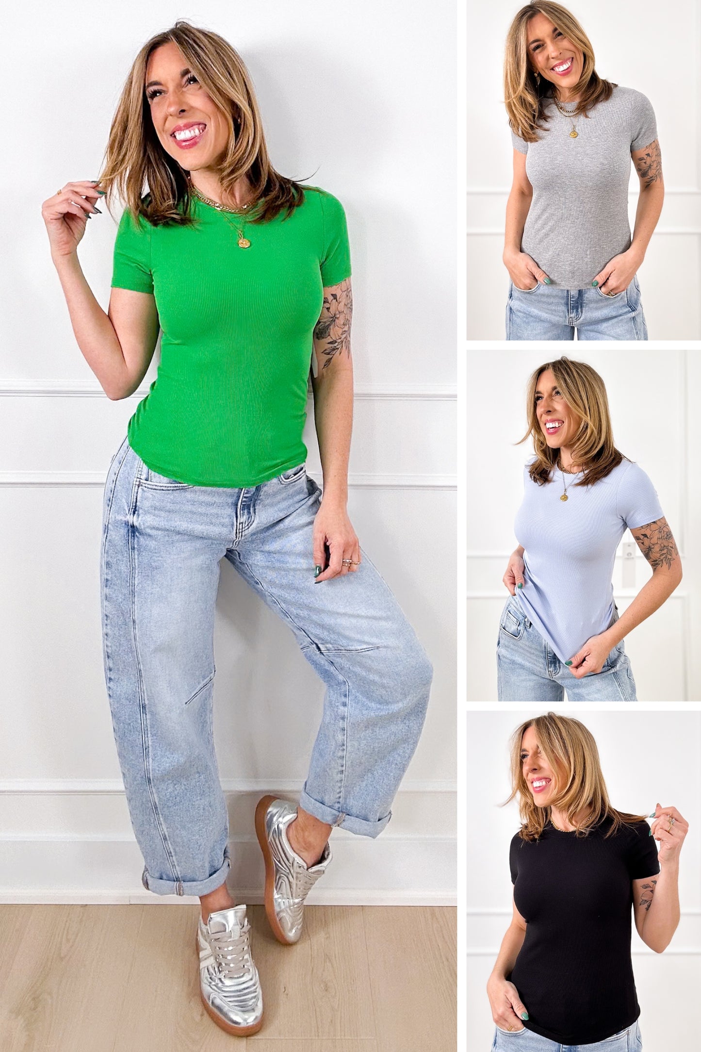 Ribbed Short Sleeve Round Neck Top