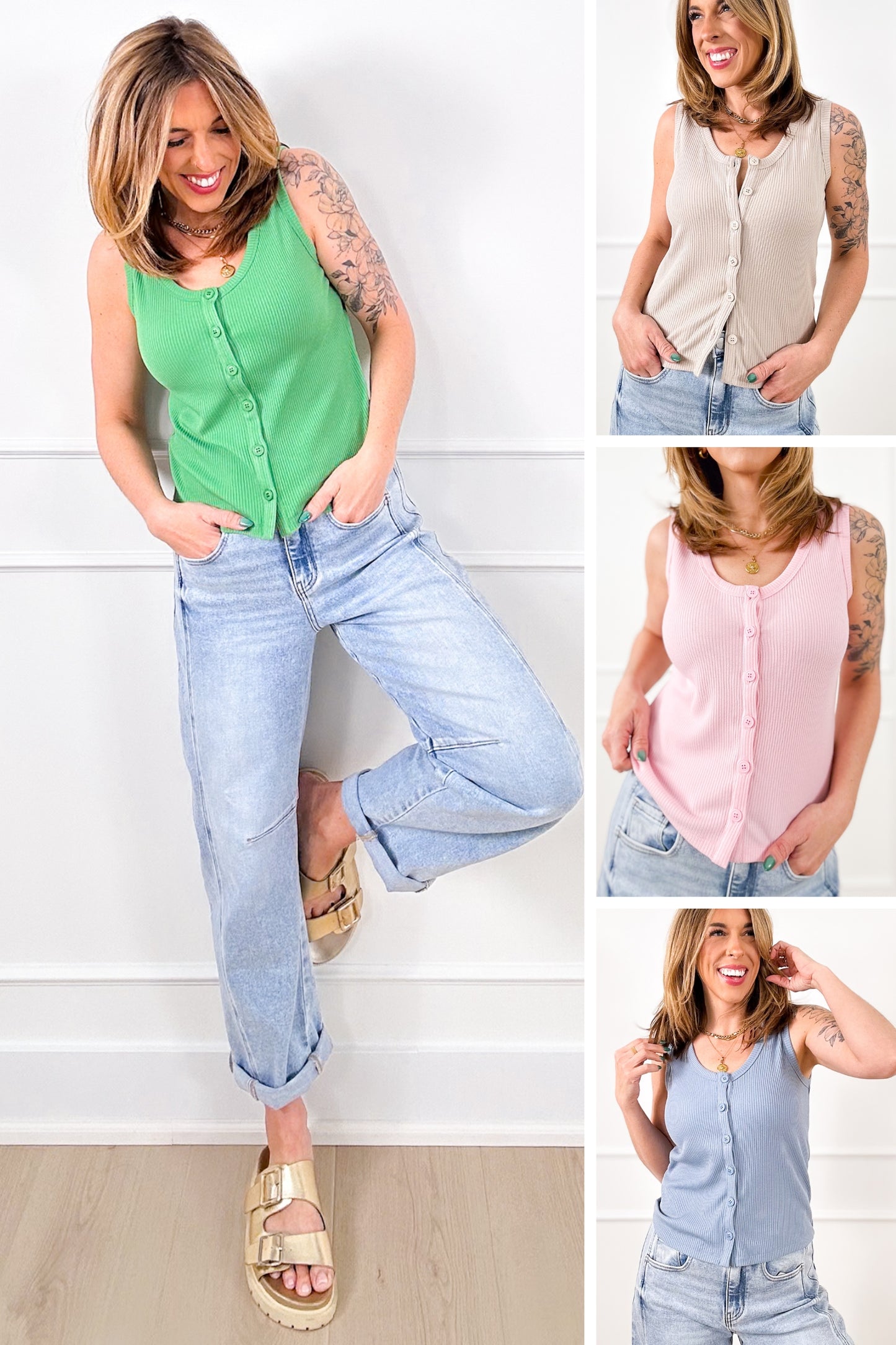 Ribbed Knit Button Down Tank Top