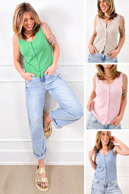 Ribbed Knit Button Down Tank Top
