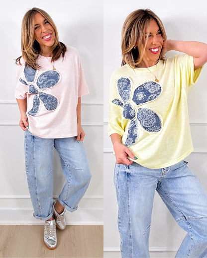 Short Sleeve Pullover Top with Bandana Print Flower Patch