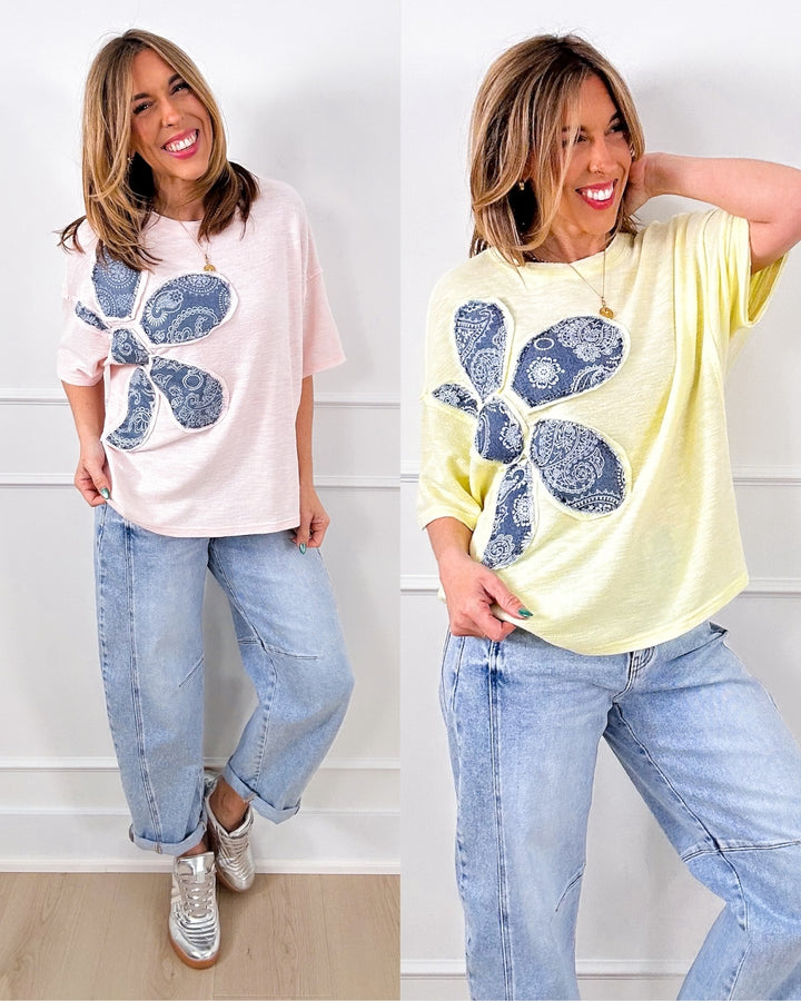 Short Sleeve Pullover Top with Bandana Print Flower Patch