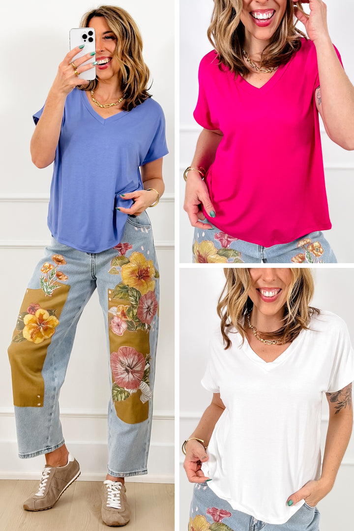 Plus/Reg Solid Relaxed Fit Short Sleeve V Neck Top