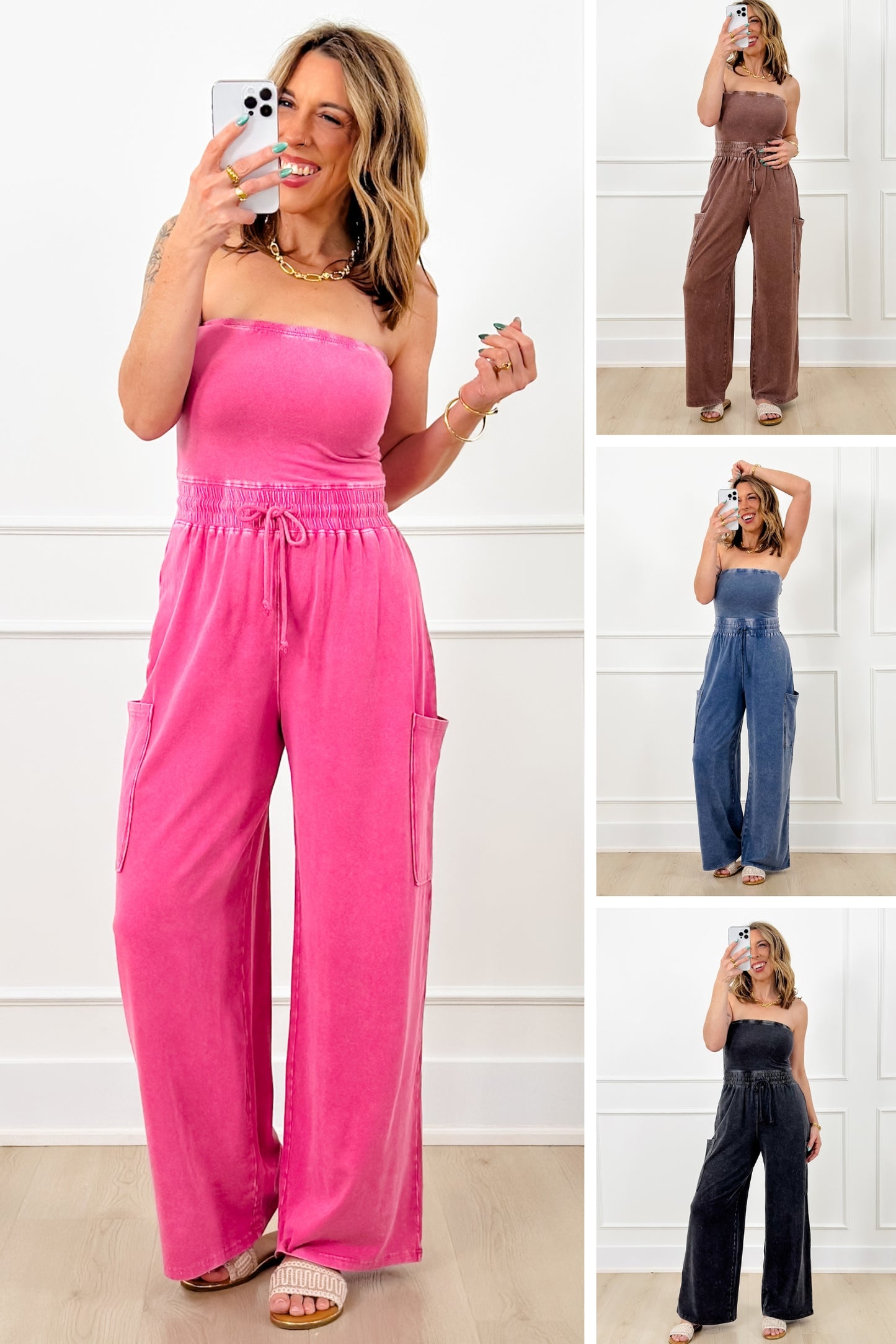 Mineral Wash Strapless Wide Leg Jumpsuit