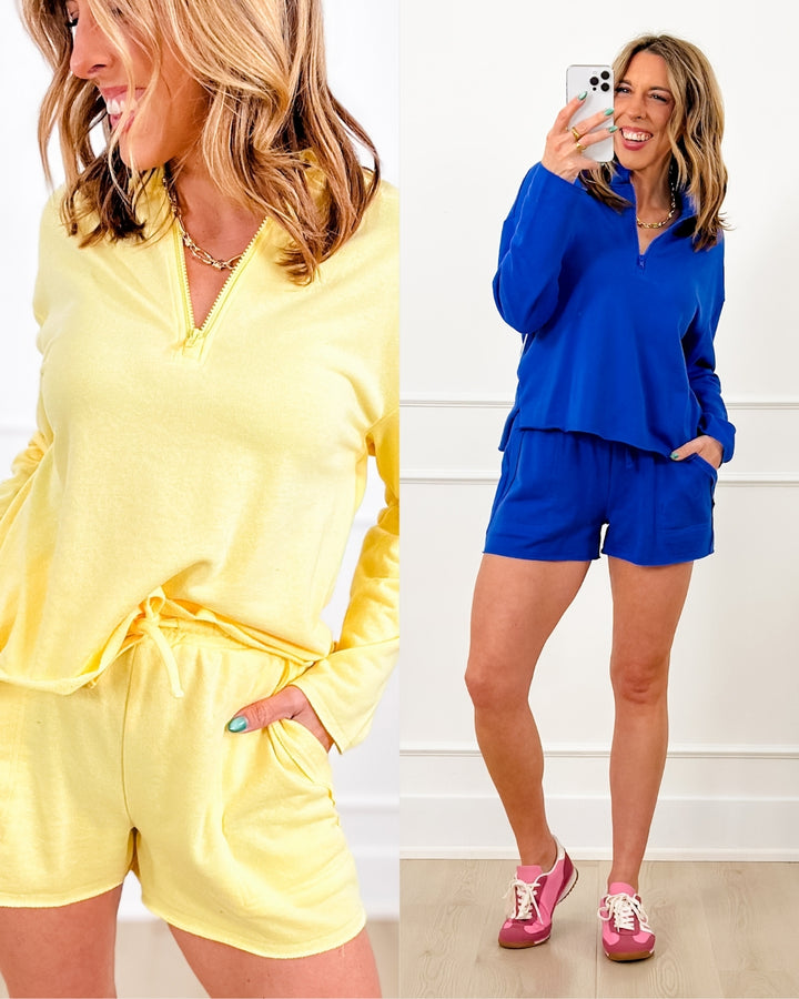Solid Long Sleeve Half Zip Up Top and Short Set