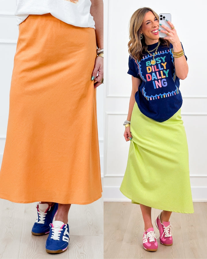 Linen Blend Elastic Waist A-Line Midi Skirt