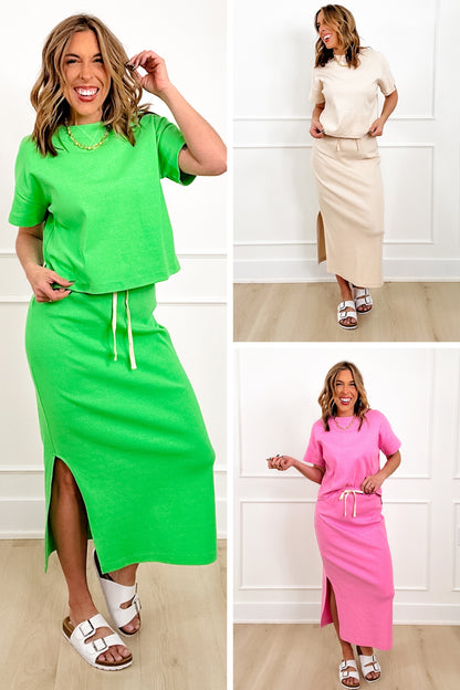 Solid Short Sleeve Top and Midi Skirt Set