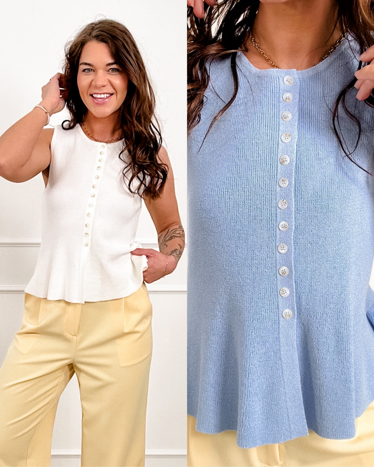 Sleeveless Button Down Peplum Sweater Top