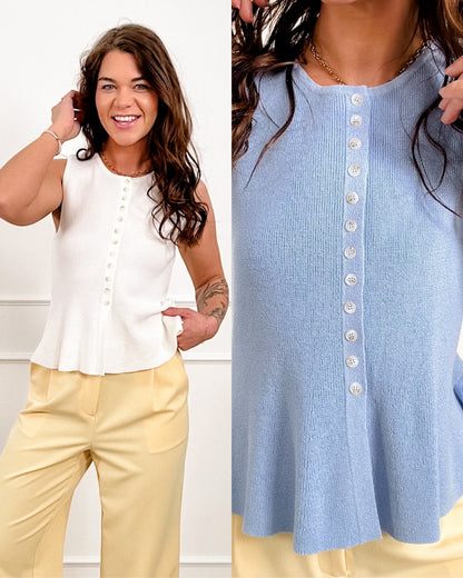 Sleeveless Button Down Peplum Sweater Top