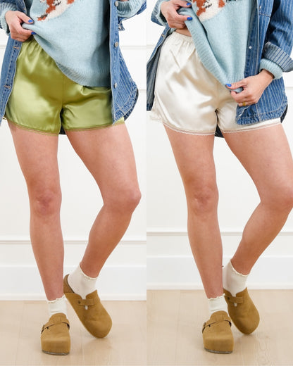 Satin Elastic Waist Shorts with Lace Trim