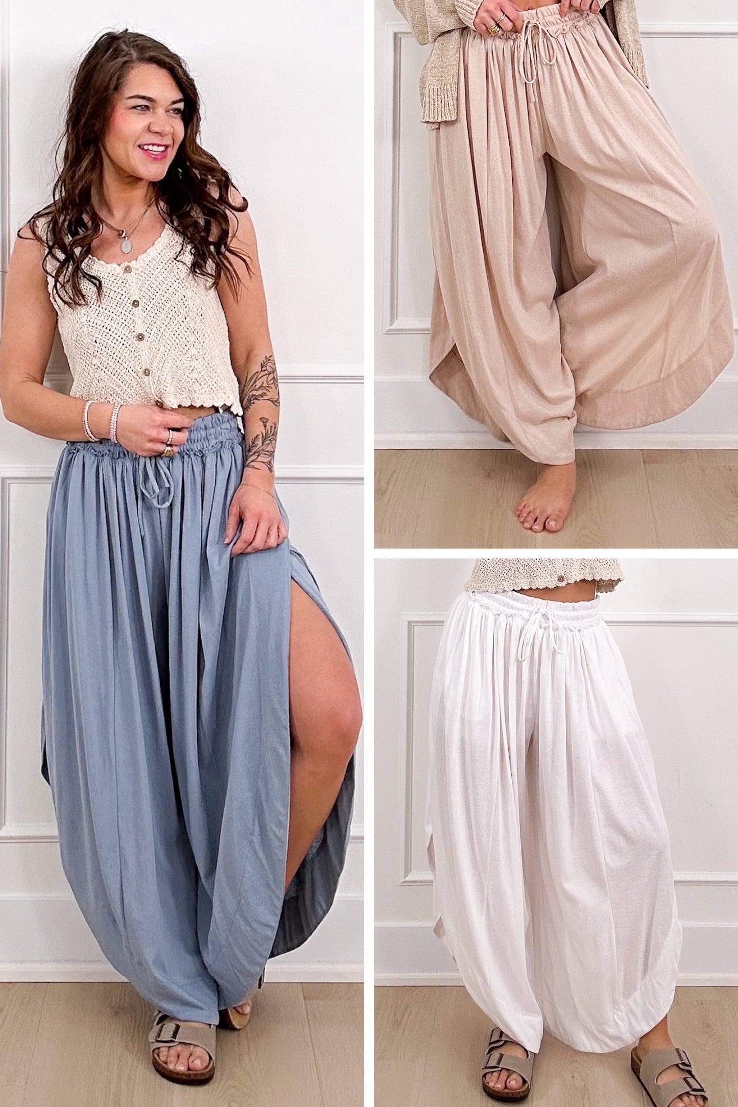 Elastic Waist Wide Leg Tulip Hem Pants