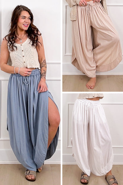 Elastic Waist Wide Leg Tulip Hem Pants