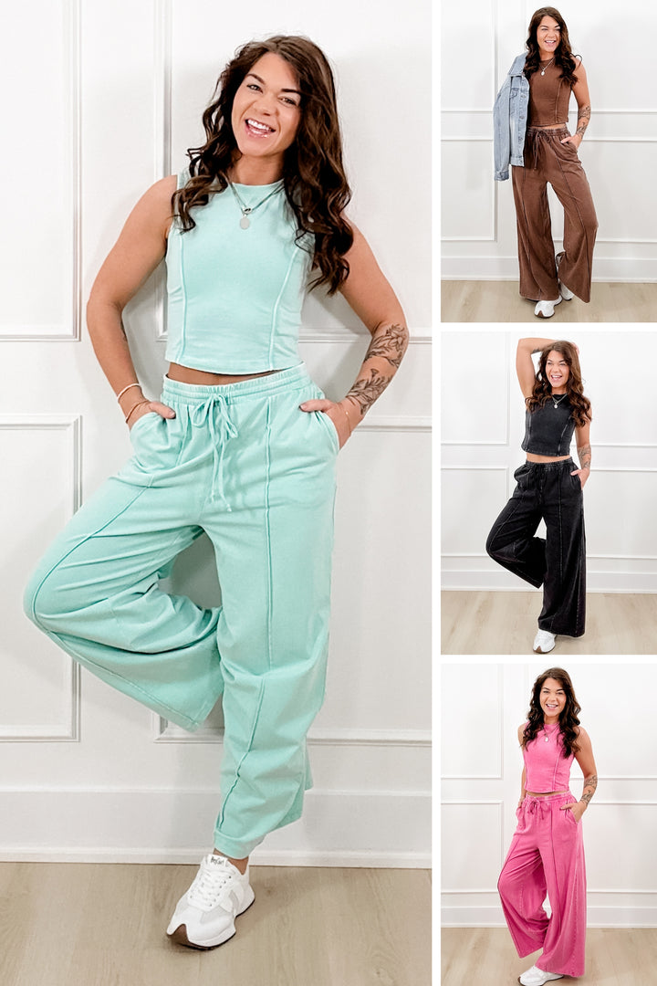 Solid Color Sleeveless Crop Top and Pants Set