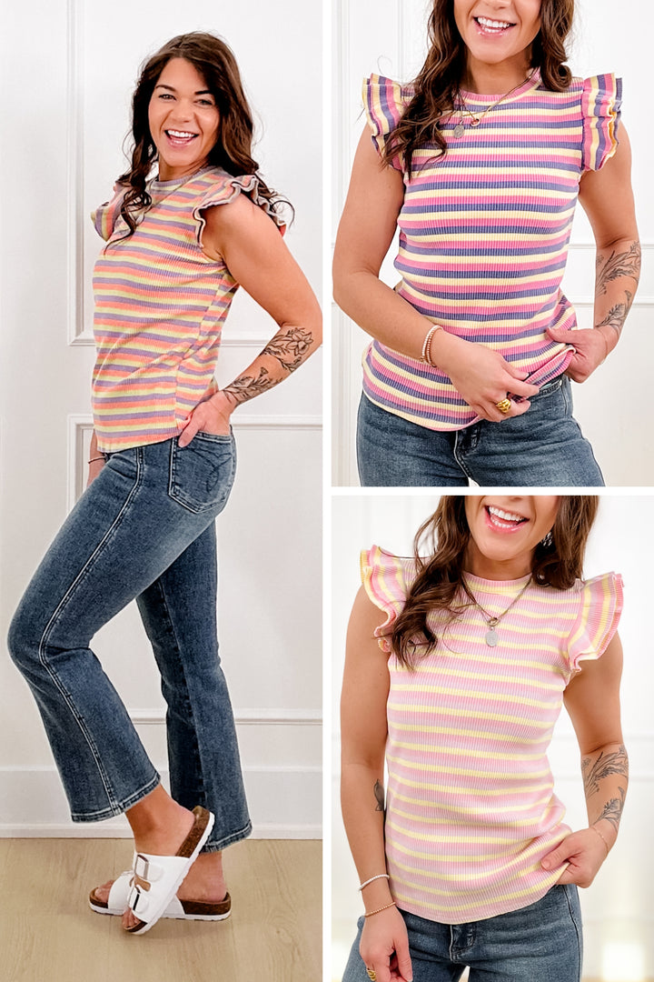 Stripe Ribbed Ruffle Wing Sleeve Top