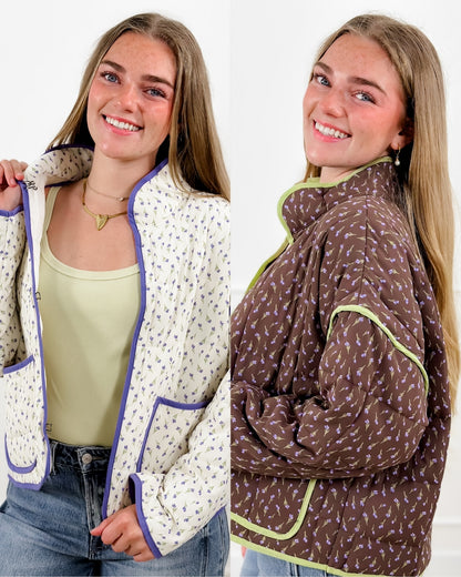 Floral Print Quilted Long Sleeve Jacket with Piping Trim