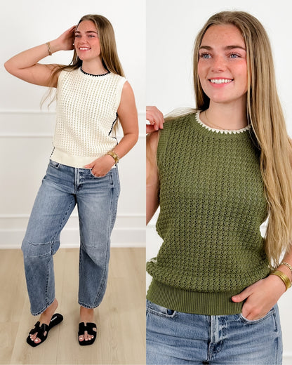 Knit Sleeveless Sweater with Contrasting Scalloped Trim