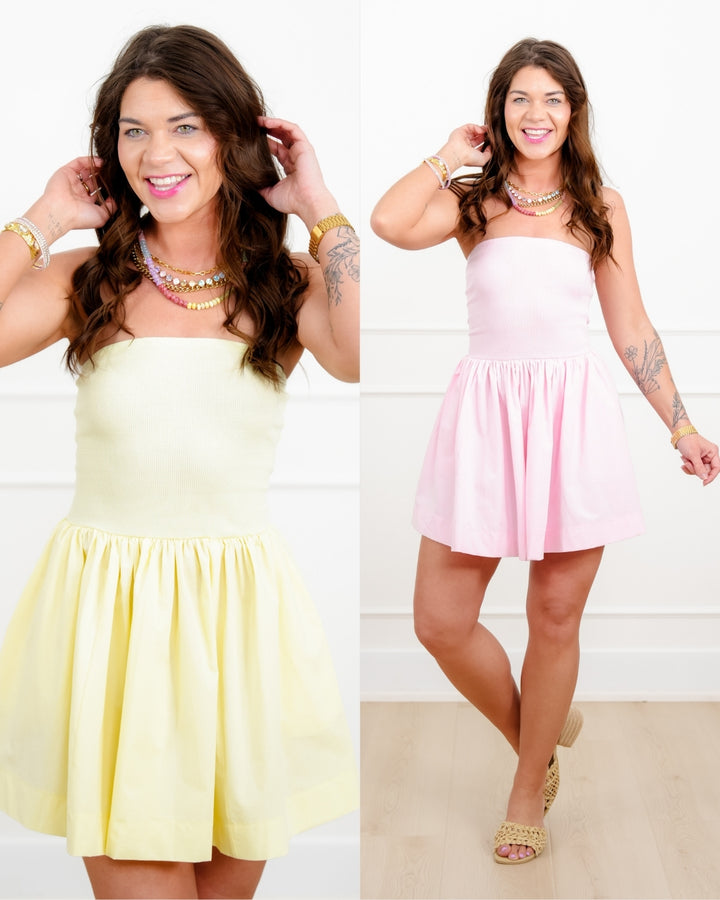 Solid Cotton Blend Strapless Flowy Mini Dress