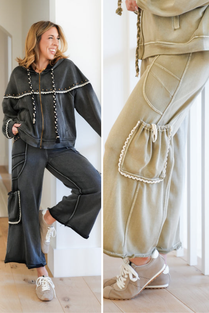 POL Washed Elastic Waist Pants with Stud Trim