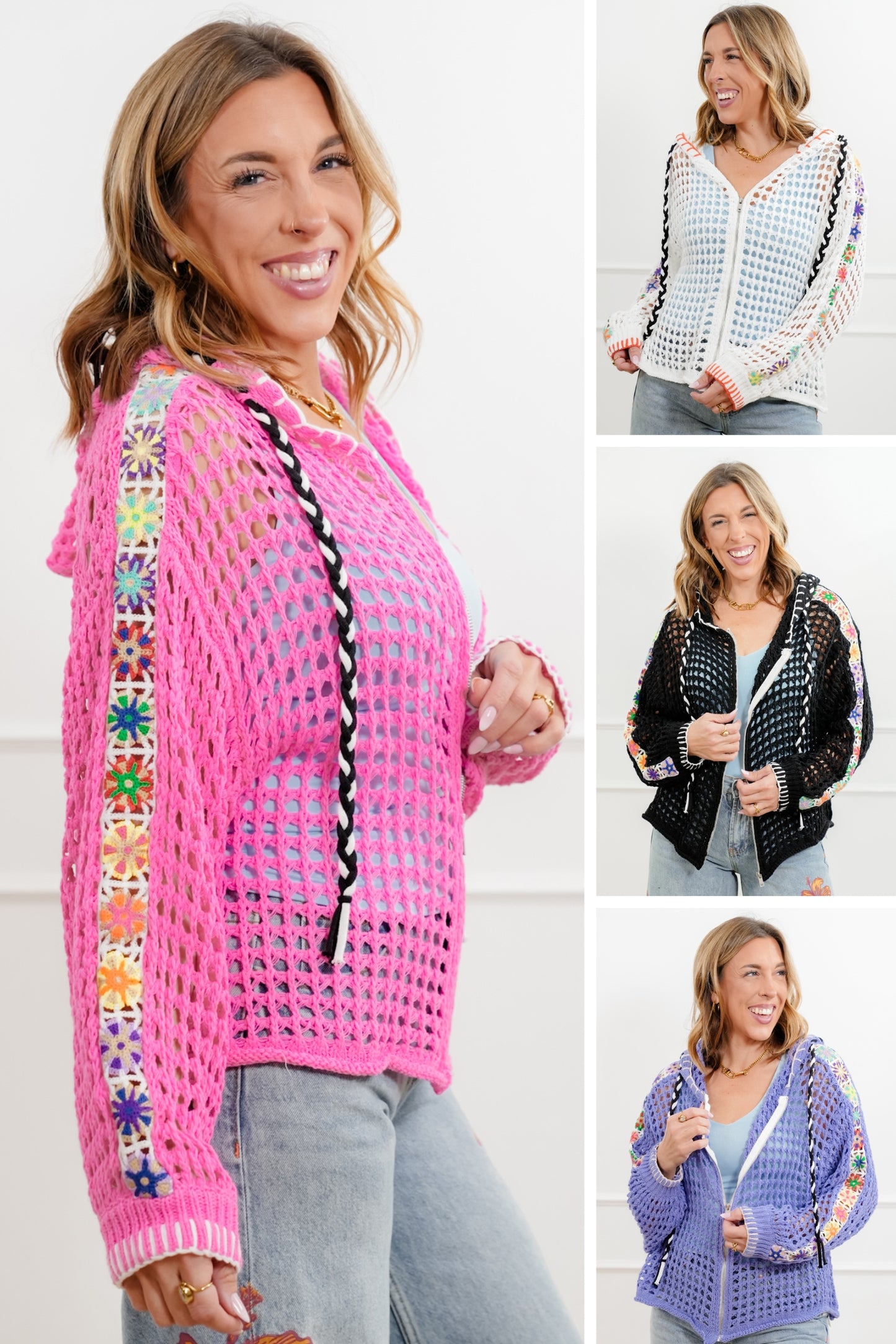 POL Open Knit Long Sleeve Zip Up Hoodie Sweater