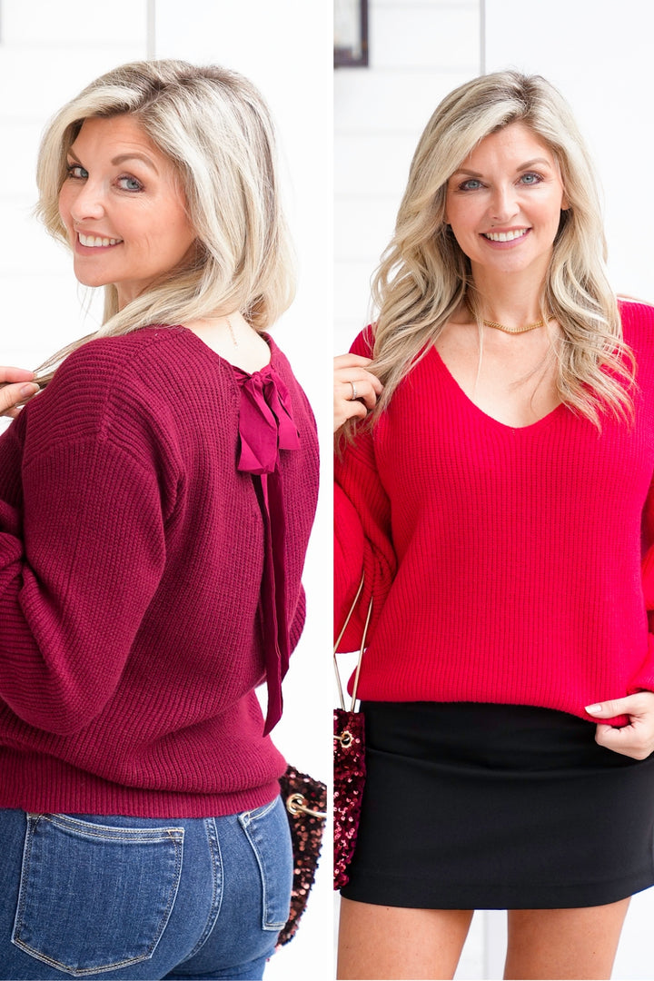 Plus/Reg Long Sleeve Sweater with Tie Back Bow