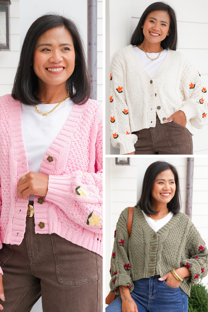 POL Floral Embroidered Long Sleeve Button Up Sweater