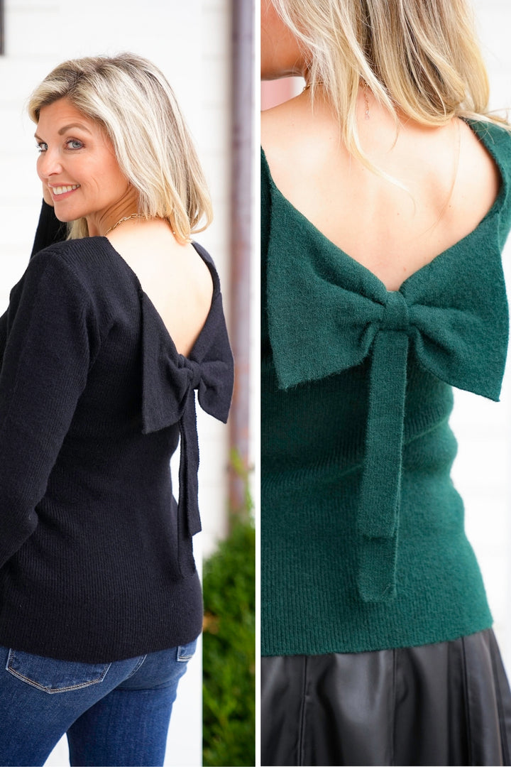 Plus/Reg Solid Long Sleeve Sweater with Back Bow