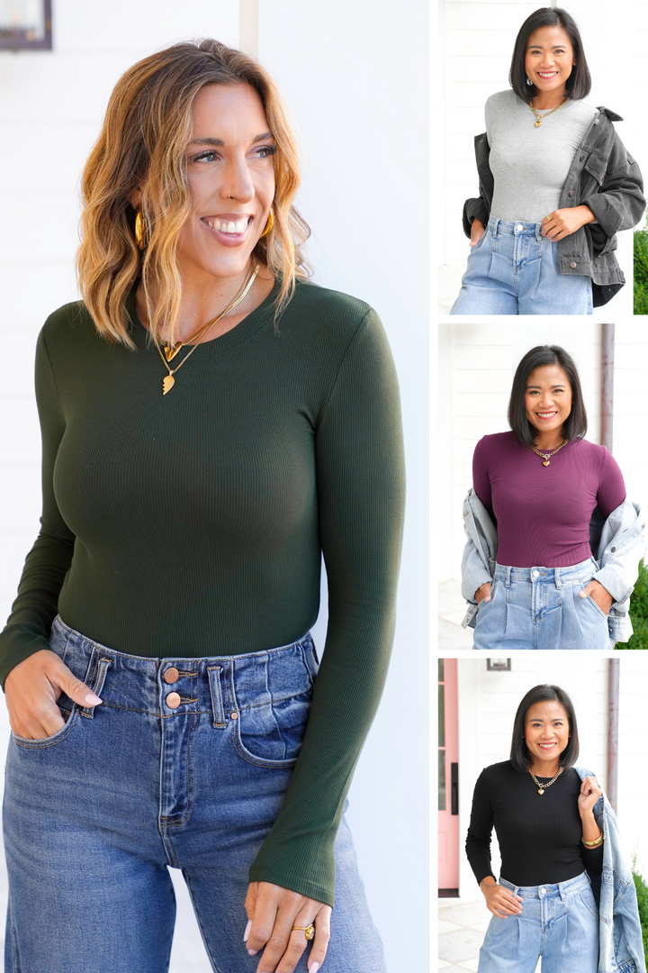 Ribbed Knit Long Sleeve Crew Neck Top