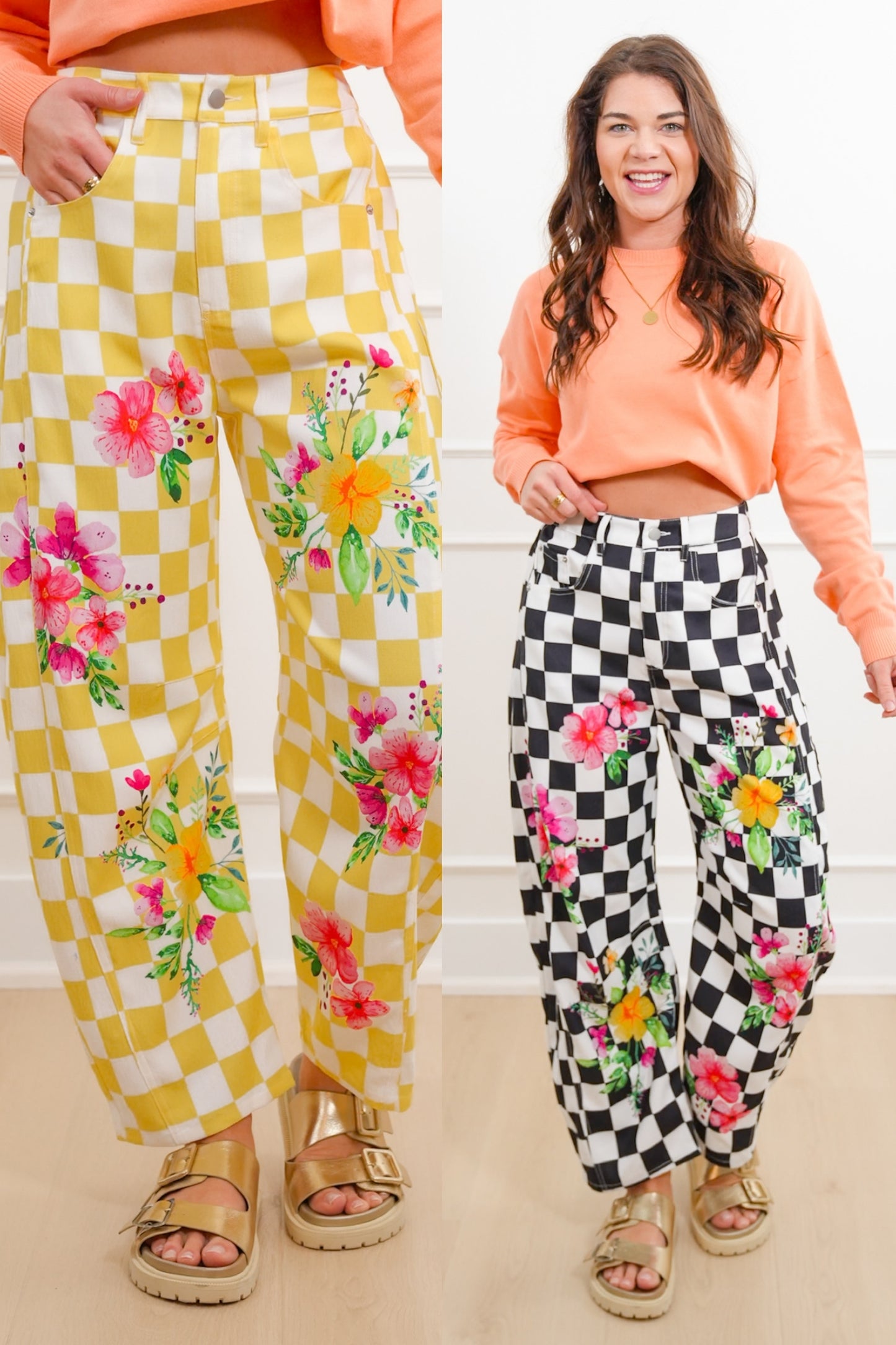 Plus/Reg Checkered and Floral High Waist Barrel Pants