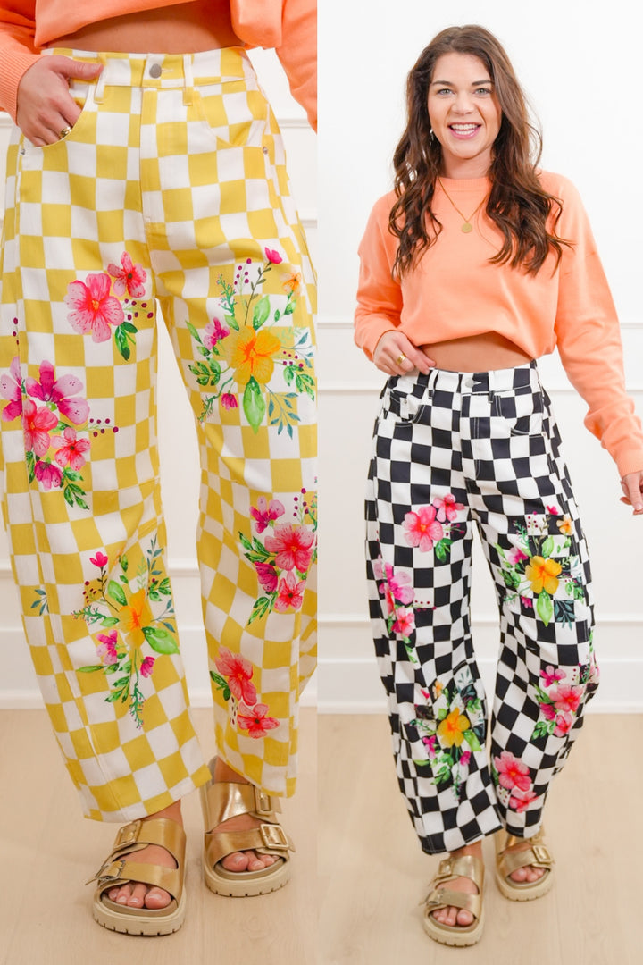 Plus/Reg Checkered and Floral High Waist Barrel Pants