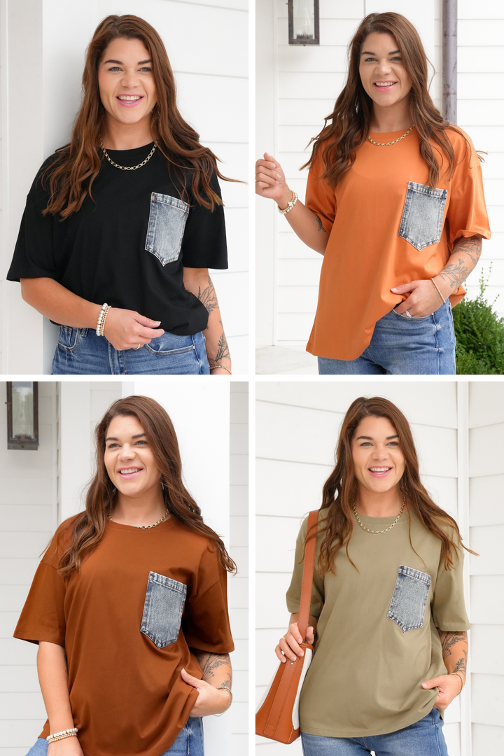 Plus/Reg Short Sleeve Crew Neck Top with Denim Pocket