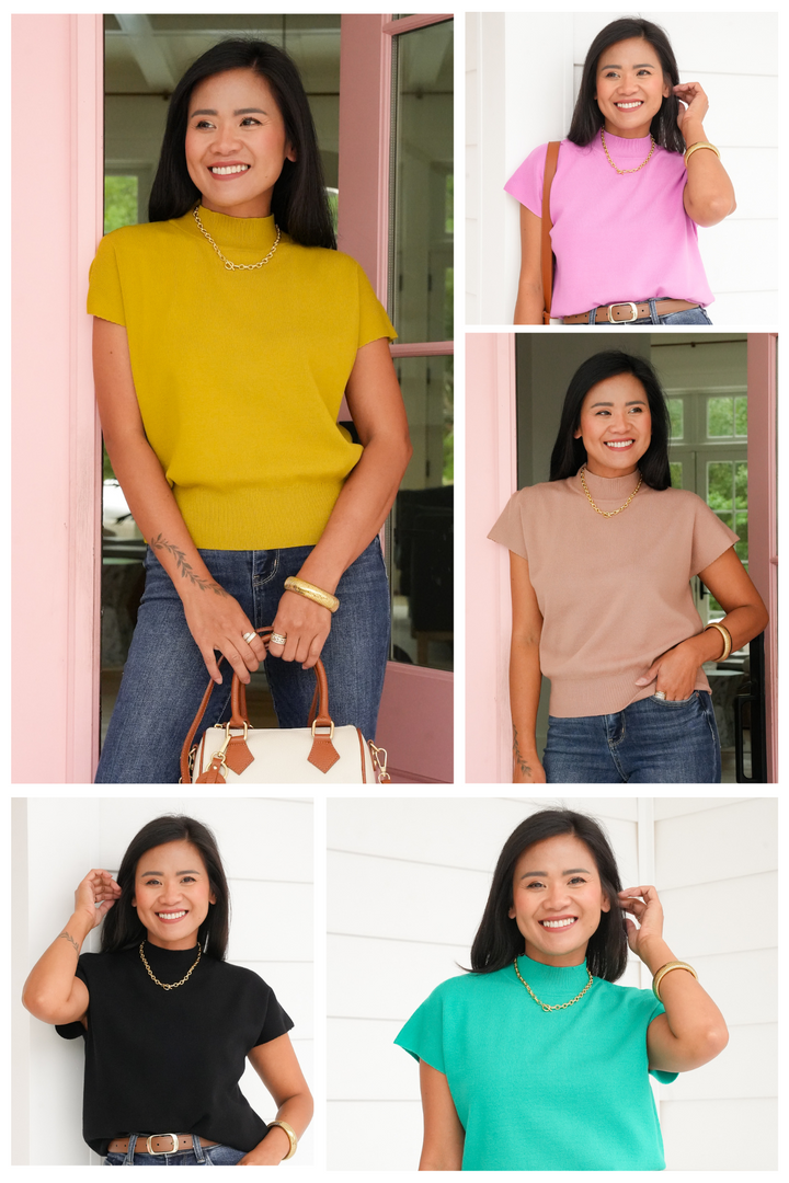Plus/Reg Cap Sleeve High Neck Sweater Top