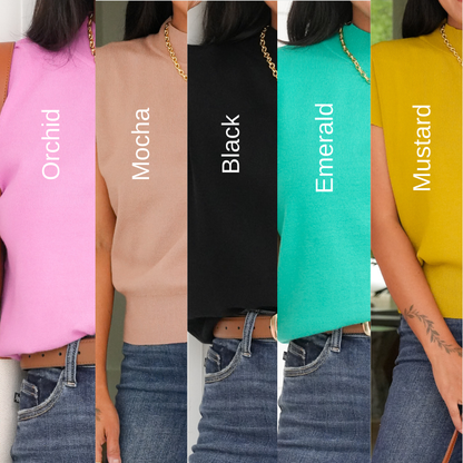 Plus/Reg Cap Sleeve High Neck Sweater Top