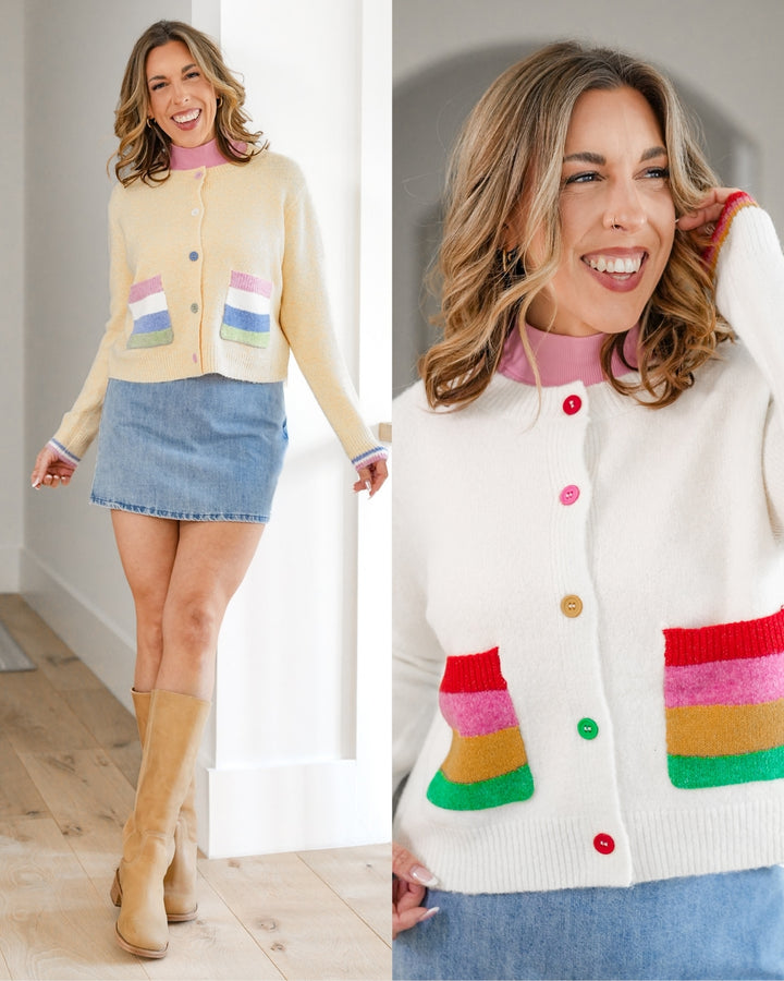 Long Sleeve Button Down Cardigan with Rainbow Pockets