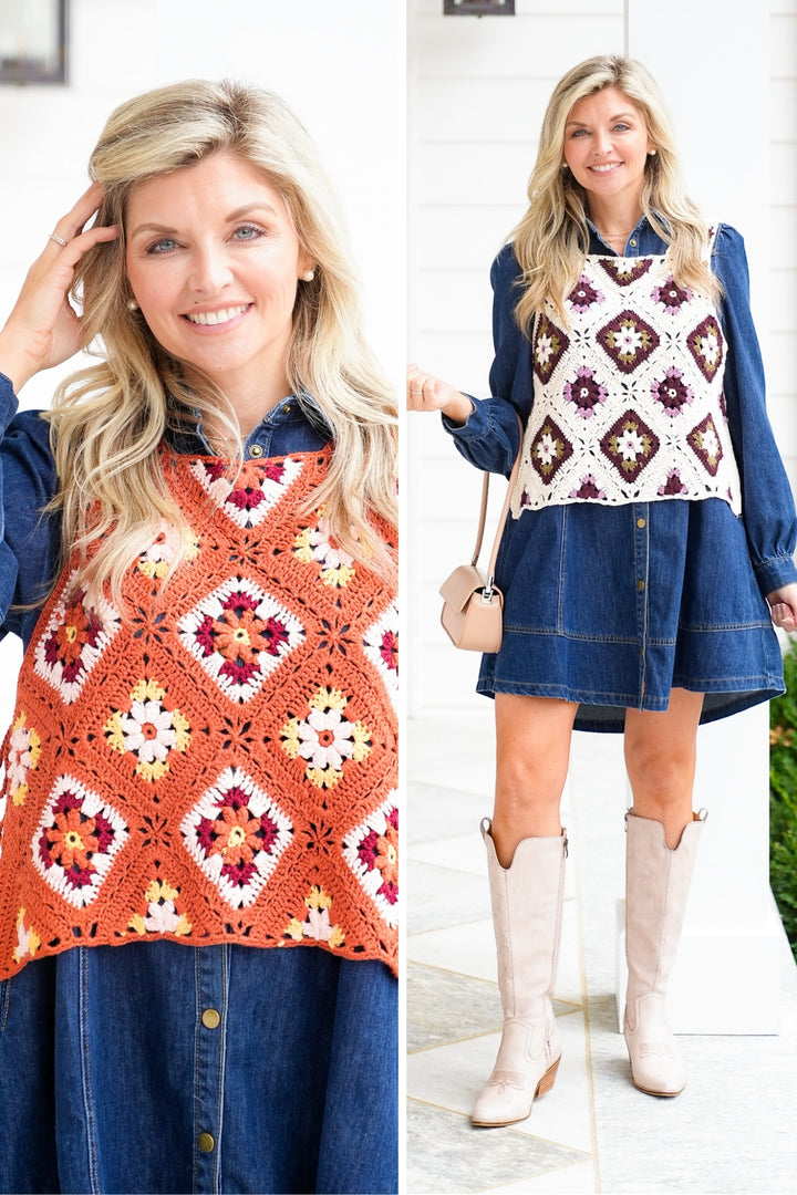 Crochet Granny Square Tank Top with Side Tie Tassels