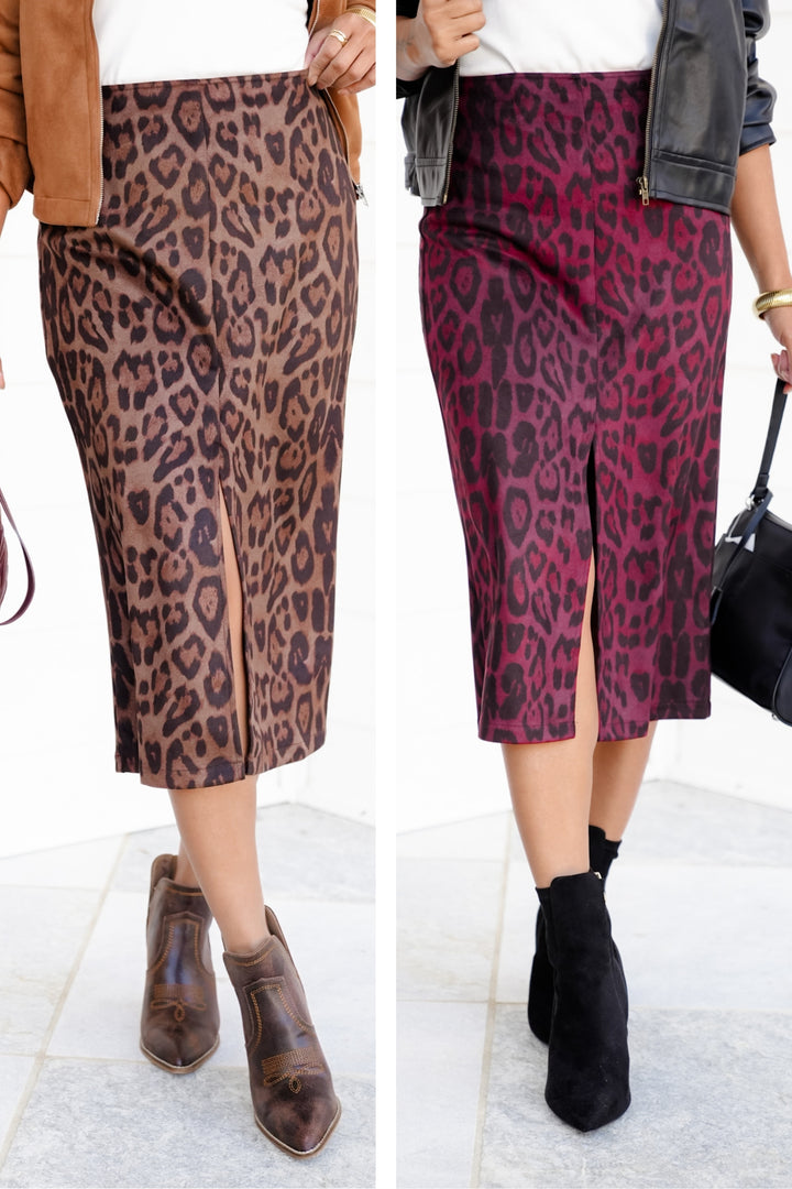 Leopard Print Pencil Midi Skirt with Front Slit