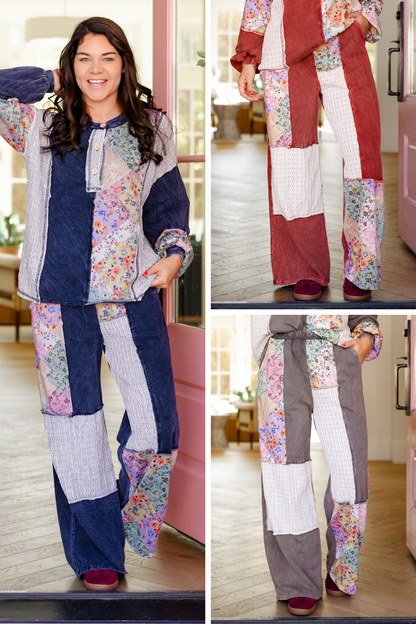 Color Block Floral Elastic Waist Wide Leg Knit Pants with Side Pockets