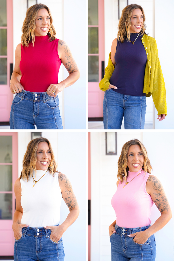 Plus/Reg Ribbed Knit Sleeveless Turtleneck Top
