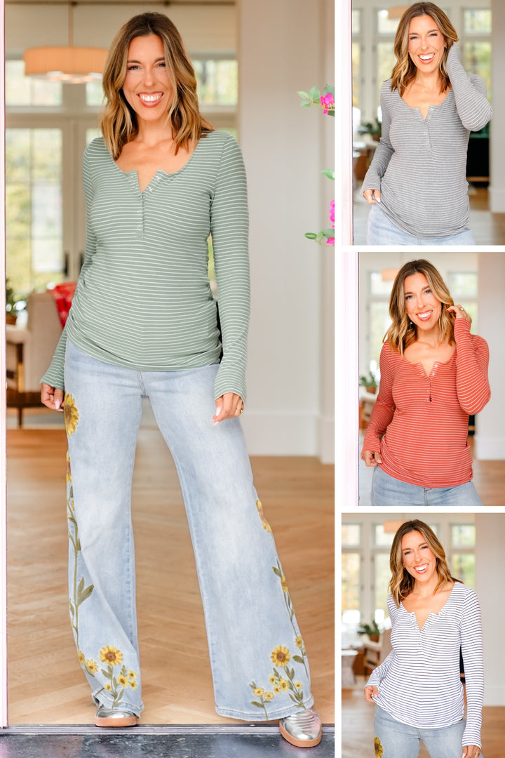 Plus/Reg Stripe Long Sleeve Henley Top