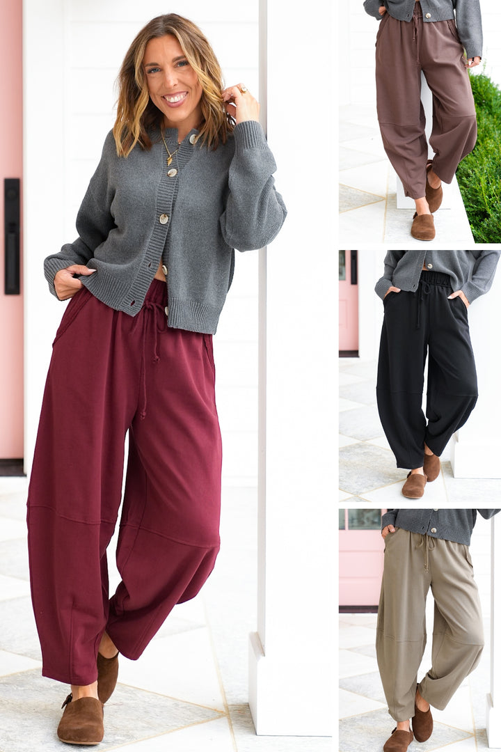 Elastic Waist Knit Barrel Pants with Side Pockets