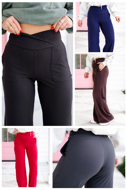 Solid V Waist Wide Leg Pants