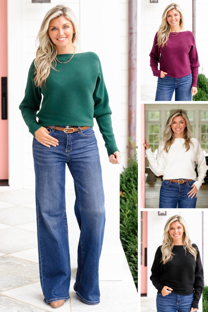 Ribbed Knit long Sleeve Boat Neck Sweater