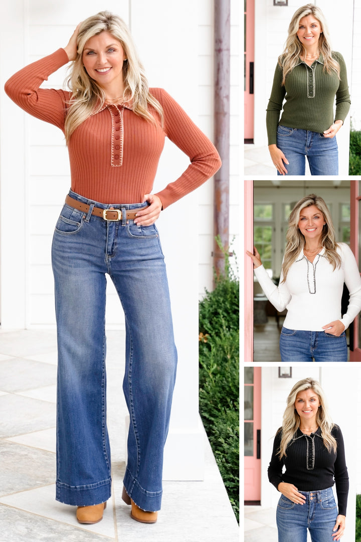 Knit Long Sleeve Button Up Top with Contrast Stitching
