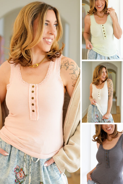 POL Ribbed Sleeveless Tank Top with Lace Trim