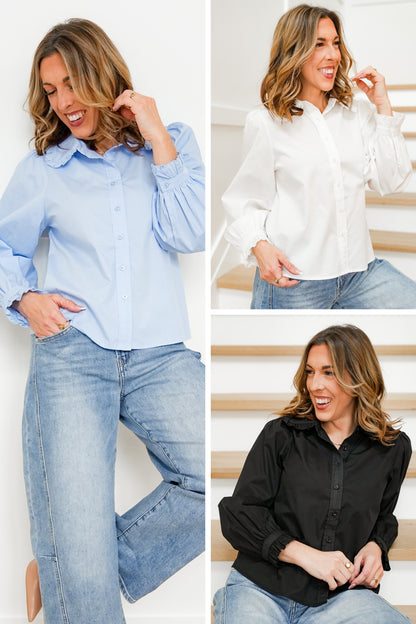 Solid Long Sleeve Button Up Collared Top with Ruffles