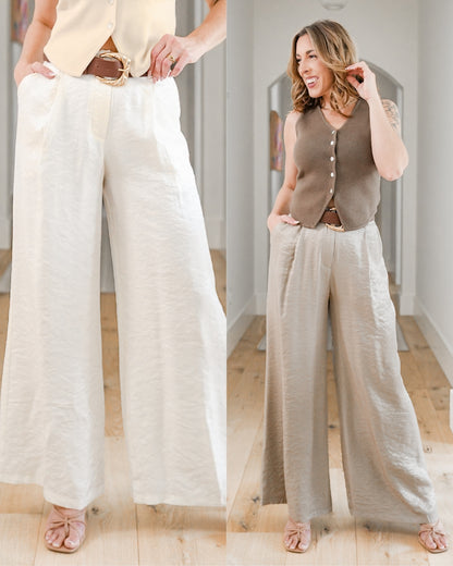 Satin Pleated Wide Leg Pants with Belt