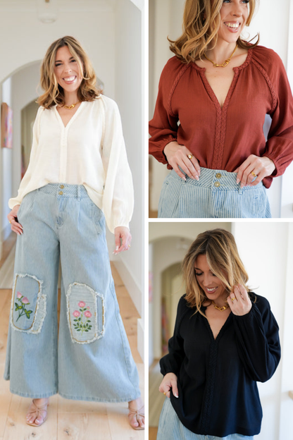 Long Sleeve V Neck Top with Braided Trim