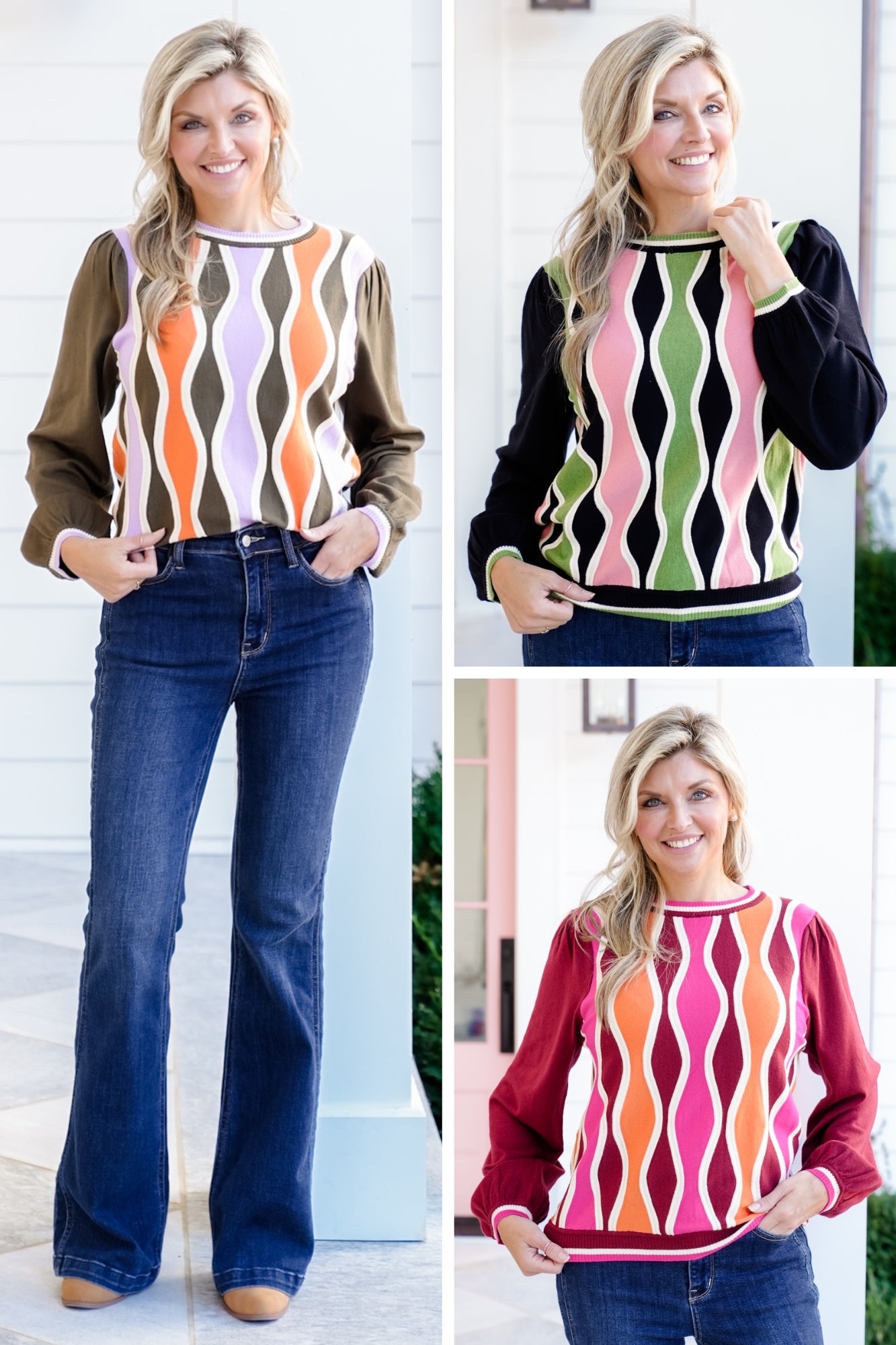 Wavy Color Block Long Sleeve Pullover Sweater